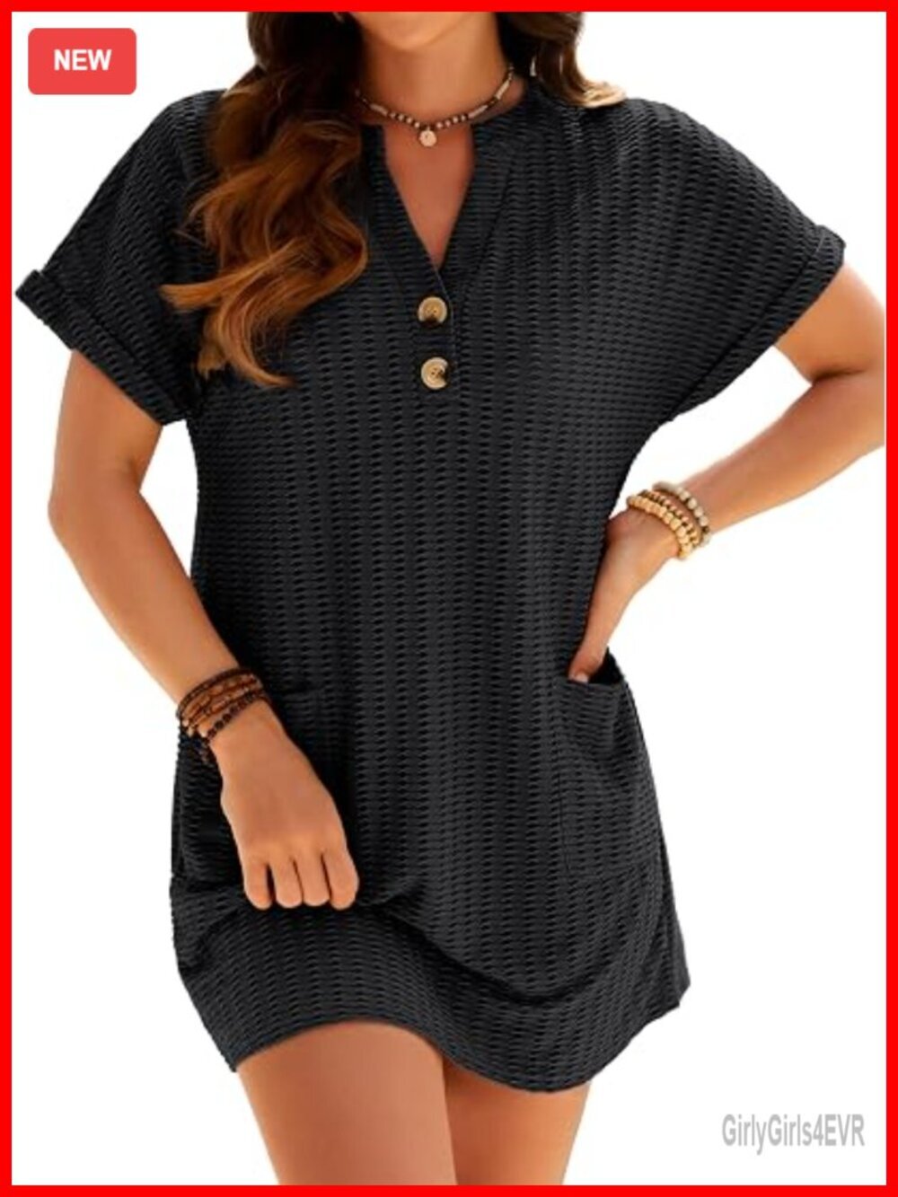 Stretchy Henley Swimsuit Coverup with Buttons and Pockets